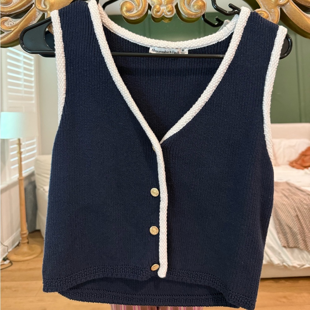 Abercrombie and fitch Navy Blue Knit Vest with White Trim